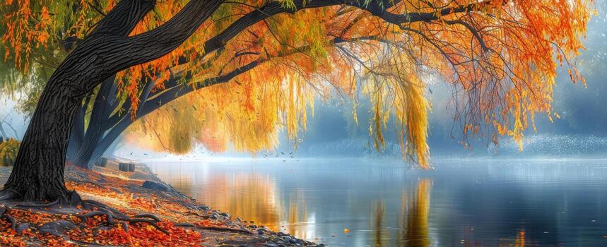 A Weeping Willow Tree Overlooking A Misty Autumn Lake photo