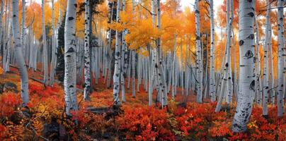 Aspen Trees In An Autumn Forest With Red And Orange Undergrowth photo