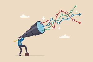 Forecast or prediction to see or analyze future opportunity, forwarding data analysis, leadership vision or discover investment plan concept, businessman look through telescope to see forecast chart. vector
