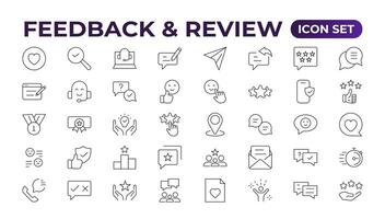 Set of Feedback, Review, and Customer Experience Outline Icon Collection. Rating, Testimonials, Quick Response, experience, Satisfaction, etc. Simple web icon illustration, vector