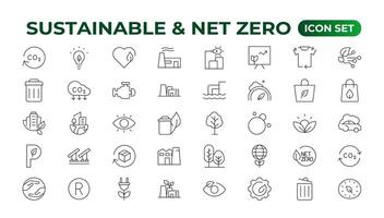 Set of sustainability and Net Zero, environmental, ecological, recyling, green, organic, industry thin line icons. Linear ecology simple symbol collection. vector