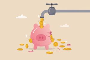 Money leaking, overspending or expense that reducing wealth or saving, fees or debt money loss, bankruptcy or poor, spending concept, faucet with money income flow into broken leaking piggy bank. vector