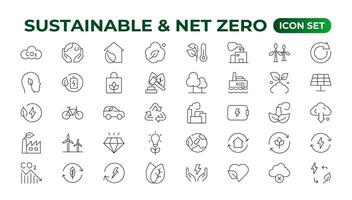 Set of sustainability and Net Zero, environmental, ecological, recyling, green, organic, industry thin line icons. Linear ecology simple symbol collection. vector