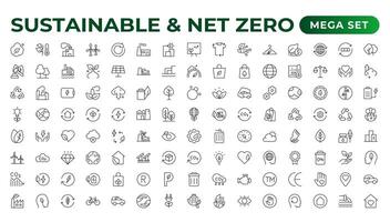 Set of sustainability and Net Zero, environmental, ecological, recyling, green, organic, industry thin line icons. Linear ecology simple symbol collection. vector