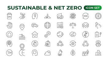 Set of sustainability and Net Zero, environmental, ecological, recyling, green, organic, industry thin line icons. Linear ecology simple symbol collection. vector