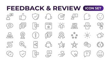 Set of Feedback, Review, and Customer Experience Outline Icon Collection. Rating, Testimonials, Quick Response, experience, Satisfaction, etc. Simple web icon illustration, vector