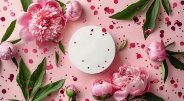 Pink Peonies and White Circle on Pink Background With Confetti photo
