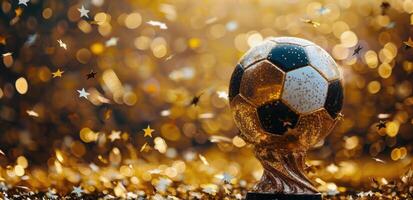 Golden Soccer Trophy Surrounded by Confetti photo