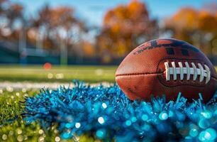 Brown Football On Blue Turf At A Football Field On A Sunny Day photo
