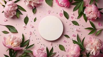 Pink Peonies and White Circle on Pink Background With Confetti photo