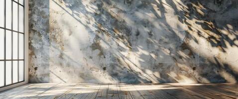 Sunlight Streaming Through Window Into Empty Room With Concrete Wall and Wooden Floor photo