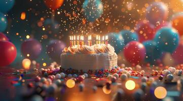 Birthday Cake With Candles and Balloons in Festive Setting photo