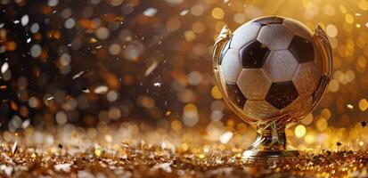 Golden Soccer Trophy Surrounded by Confetti photo