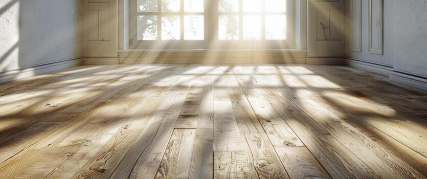 Sunbeams Shining Through Window Onto Wooden Floor in Empty Room photo