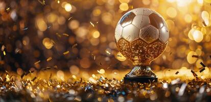 Golden Soccer Trophy Surrounded by Confetti photo