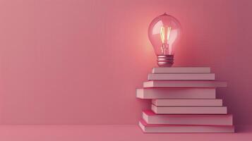 Pink Lightbulb on Stack of Books photo