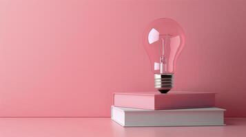 Pink Lightbulb on Stack of Books photo