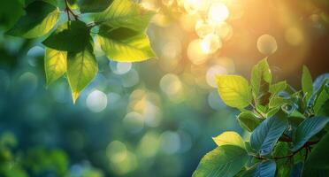 Sunlit Green Leaves in a Forest on a Summer Day photo