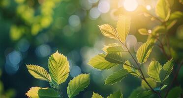 Sunlit Green Leaves in a Forest on a Summer Day photo