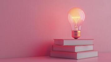 Pink Lightbulb on Stack of Books photo