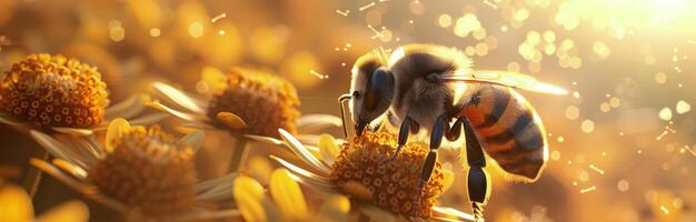 A Honeybee Gathering Pollen on Yellow Flowers in Warm Sunlight photo