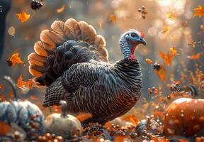 Close Up Of A Turkey Surrounded By Fall Leaves And Pumpkins photo