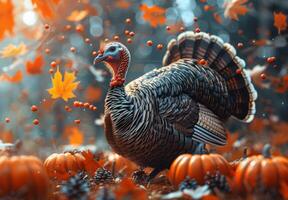 Close Up Of A Turkey Surrounded By Fall Leaves And Pumpkins photo