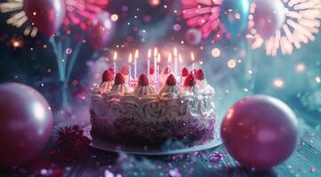Birthday Cake With Lit Candles Surrounded by Balloons and Confetti photo