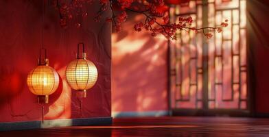 Red Lanterns Hanging on a Wall in a Chinese Street During the Day photo