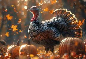Close Up Of A Turkey Surrounded By Fall Leaves And Pumpkins photo