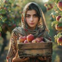 Woman Holding a Crate of Apples in an Orchard During a Sunny Day photo