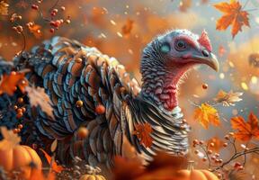 Close Up Of A Turkey Surrounded By Fall Leaves And Pumpkins photo