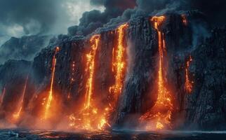 Dramatic Lava Falls Pouring Into The Ocean photo