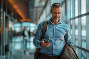 Businessman Using Smartphone While Walking Through Airport Corridor photo