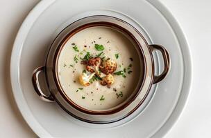 Creamy Cauliflower Soup Served in a Brown Bowl on a White Plate photo