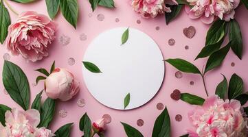 White Plate Surrounded by Pink Peonies and Green Leaves on a Pink Background photo