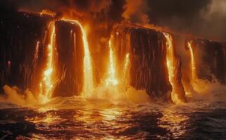 Dramatic Lava Falls Pouring Into The Ocean photo