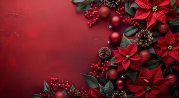 Red Poinsettia And Christmas Decorations On Red Background photo