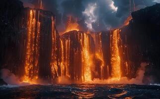 Dramatic Lava Falls Pouring Into The Ocean photo