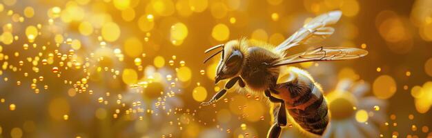 A Bee Gathering Pollen on a Flower Branch in the Sunlight photo