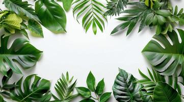 Lush Green Tropical Leaves Arranged Around White Background photo