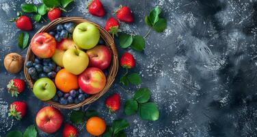 Fresh Red Apples and Strawberries in Wicker Basket on Blue Background photo