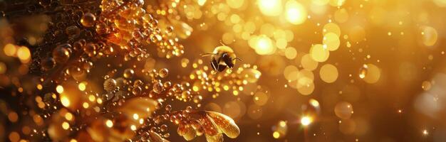 A Bee Gathering Pollen on a Flower Branch in the Sunlight photo