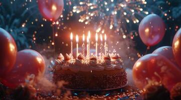 Birthday Cake With Lit Candles Surrounded by Balloons and Confetti photo