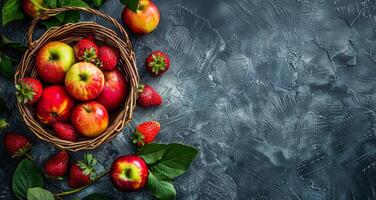 Fresh Red Apples and Strawberries in Wicker Basket on Blue Background photo