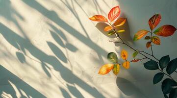 Autumn Branch With Red, Yellow, and Orange Leaves Against a White Wall in Sunlight photo