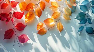 Vibrant Autumn Leaves Casting Shadows on White Background photo