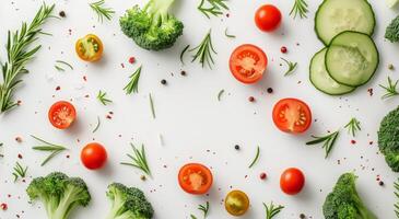 Fresh Broccoli, Tomatoes, Cucumber, and Rosemary Sprouts on White Background photo