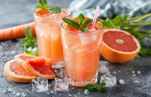 Refreshing Grapefruit and Carrot Juice With Mint and Ice on a Dark Background photo
