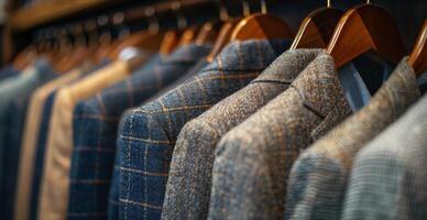 Row of Patterned Mens Suits Hanging on Wooden Hangers in a Retail Store photo
